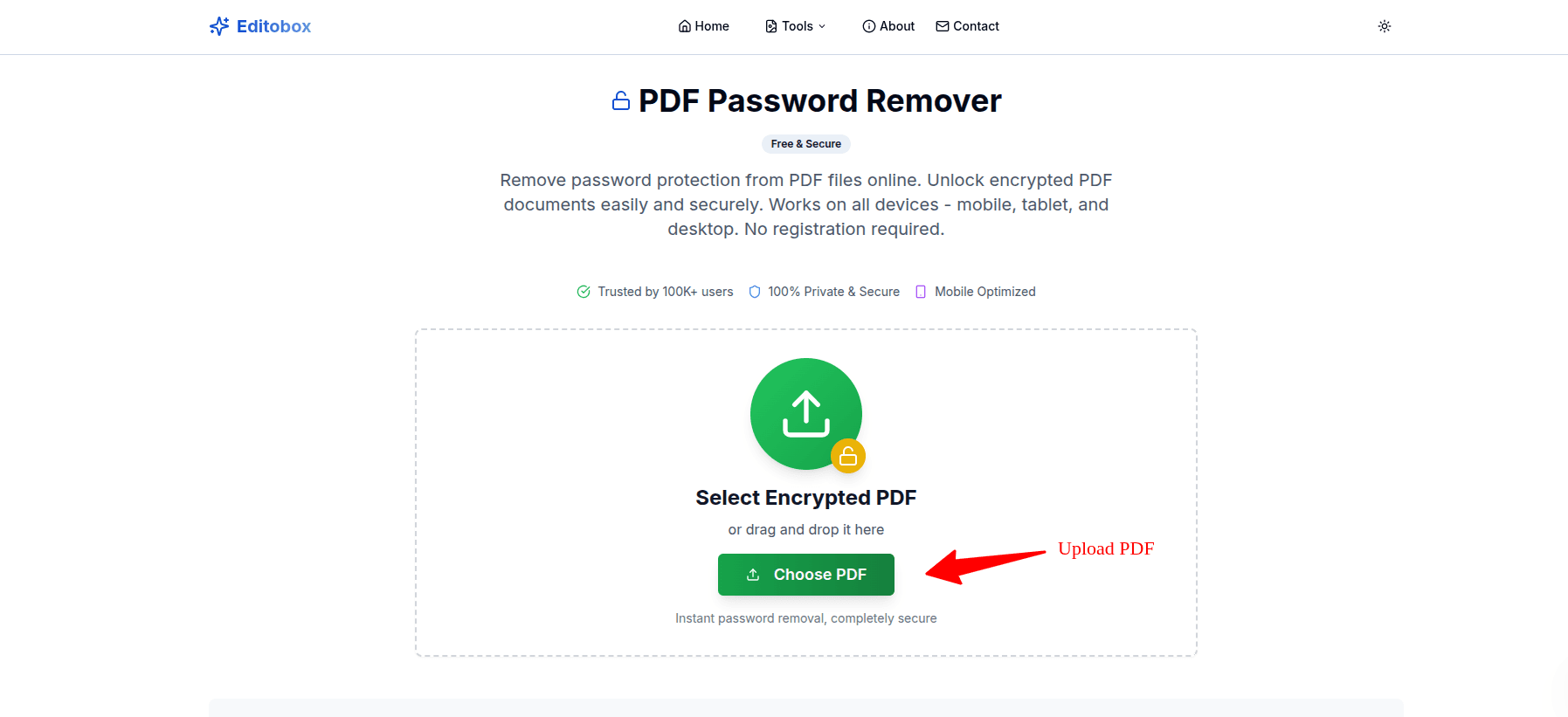 Step 1: Visit PDF Decrypt Tool and upload your encrypted PDF file